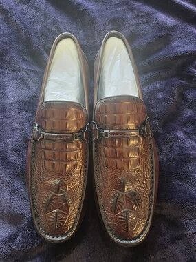 Men's Cognac Croc-Embossed Leather Bit Loafers Size 11